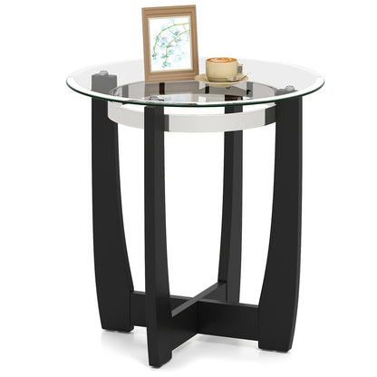 24 Inches Round Side Table with Tempered Glass Top and Solid Rubber Wood Base, Black End & Side Tables Black at Gallery Canada