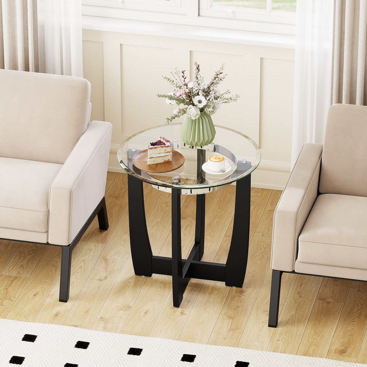 24 Inches Round Side Table with Tempered Glass Top and Solid Rubber Wood Base, Black End & Side Tables at Gallery Canada