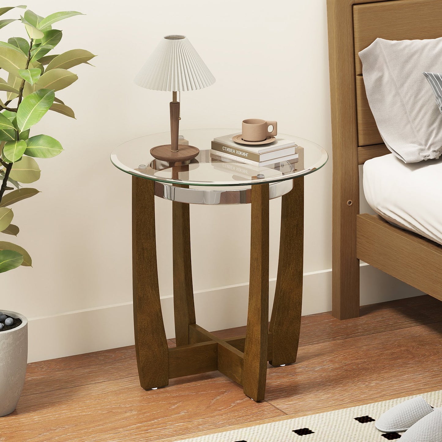 24 Inches Round Side Table with Tempered Glass Top and Solid Rubber Wood Base, Walnut End & Side Tables at Gallery Canada