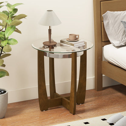 24 Inches Round Side Table with Tempered Glass Top and Solid Rubber Wood Base, Walnut End & Side Tables at Gallery Canada