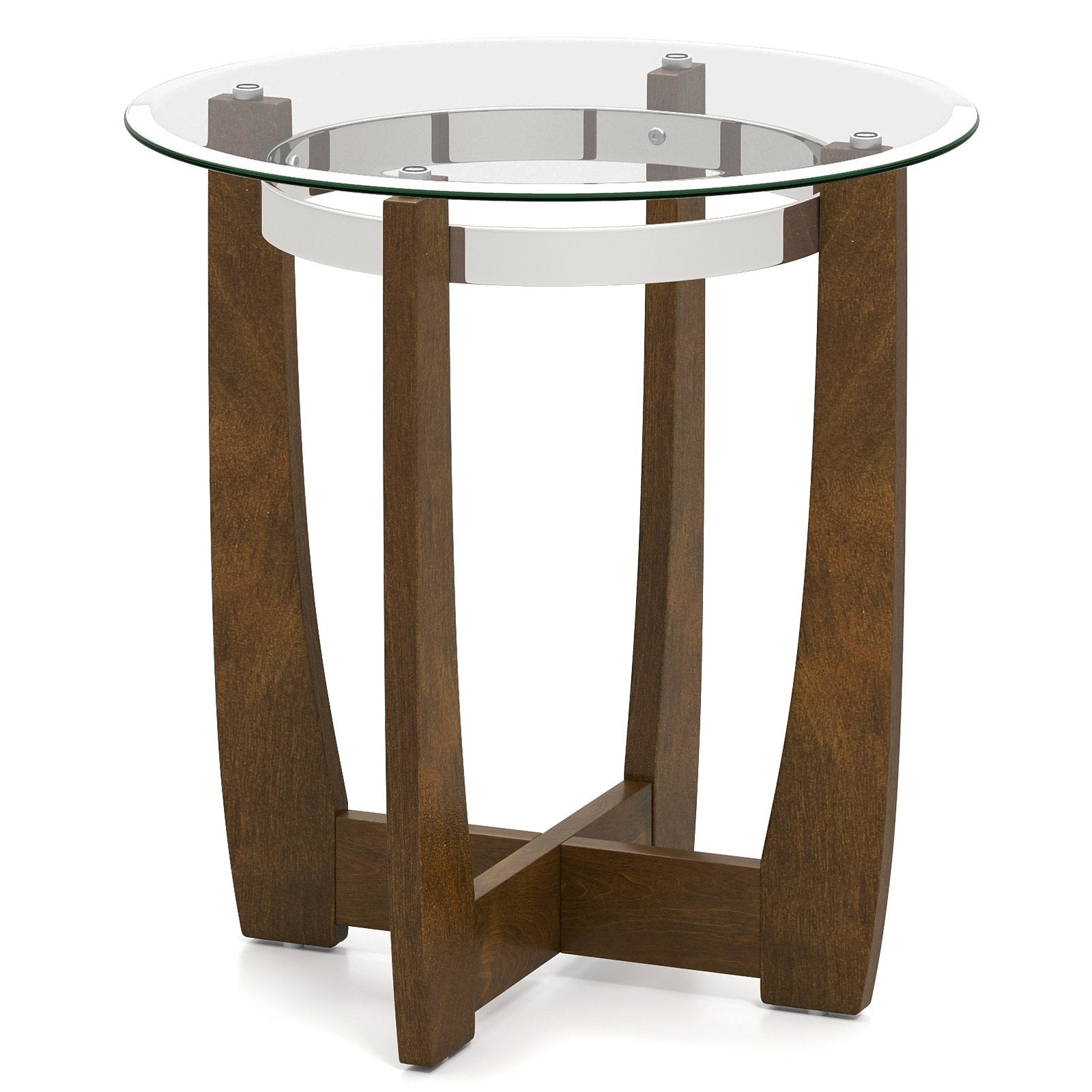 24 Inches Round Side Table with Tempered Glass Top and Solid Rubber Wood Base, Walnut End & Side Tables at Gallery Canada