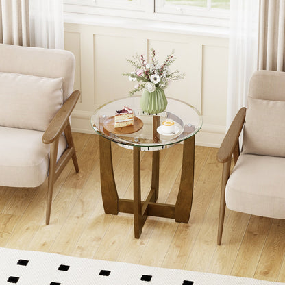 24 Inches Round Side Table with Tempered Glass Top and Solid Rubber Wood Base, Walnut End & Side Tables at Gallery Canada