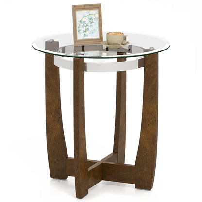 24 Inches Round Side Table with Tempered Glass Top and Solid Rubber Wood Base, Walnut End & Side Tables Walnut at Gallery Canada