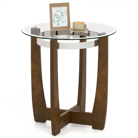 24 Inches Round Side Table with Tempered Glass Top and Solid Rubber Wood Base, Walnut End & Side Tables Walnut at Gallery Canada