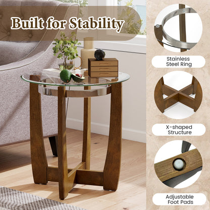 24 Inches Round Side Table with Tempered Glass Top and Solid Rubber Wood Base, Walnut End & Side Tables at Gallery Canada