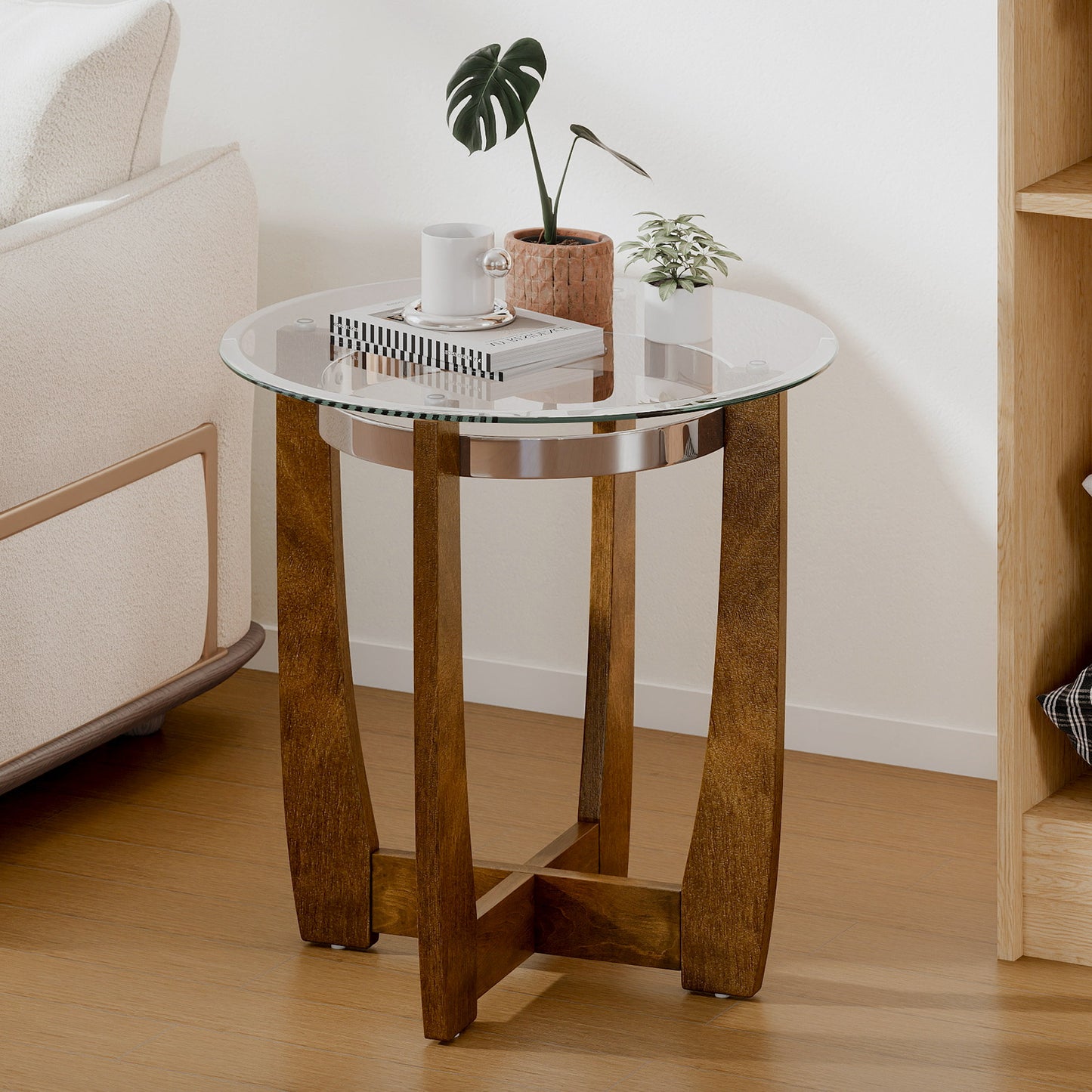 24 Inches Round Side Table with Tempered Glass Top and Solid Rubber Wood Base, Walnut End & Side Tables at Gallery Canada