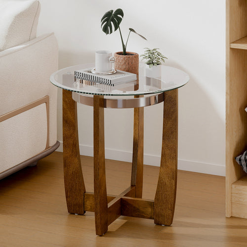 24 Inches Round Side Table with Tempered Glass Top and Solid Rubber Wood Base, Walnut