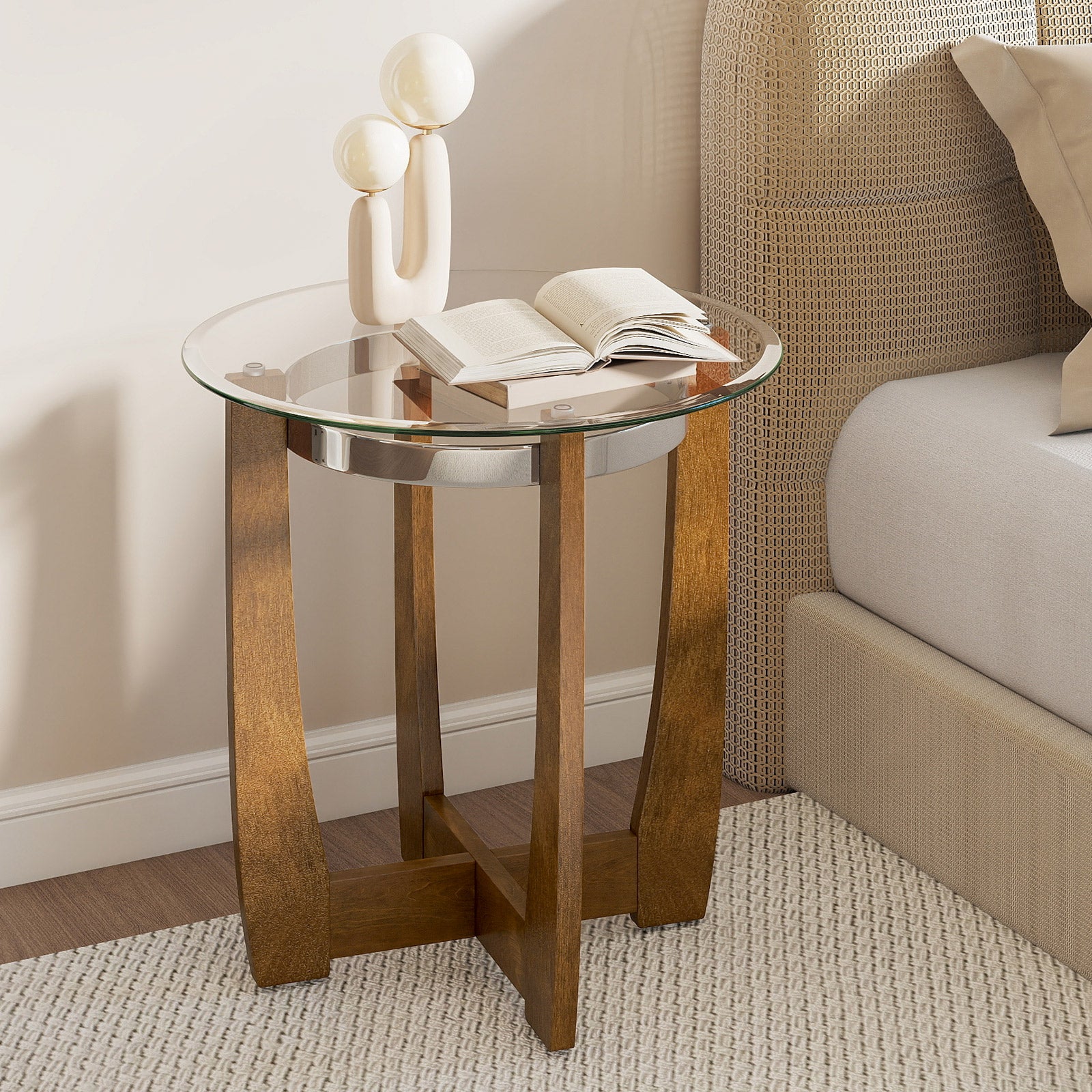 24 Inches Round Side Table with Tempered Glass Top and Solid Rubber Wood Base, Walnut End & Side Tables at Gallery Canada