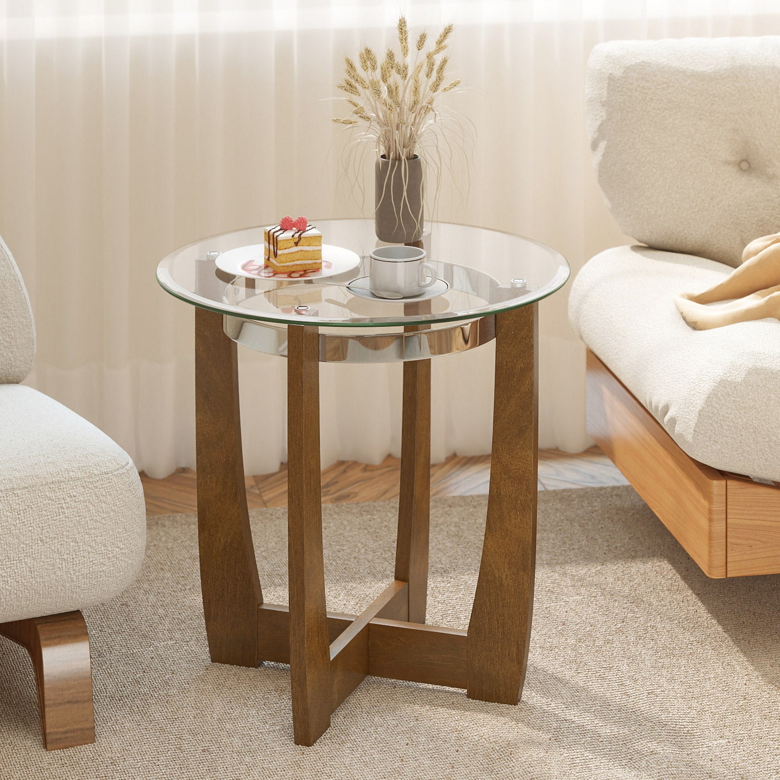 24 Inches Round Side Table with Tempered Glass Top and Solid Rubber Wood Base, Walnut End & Side Tables at Gallery Canada