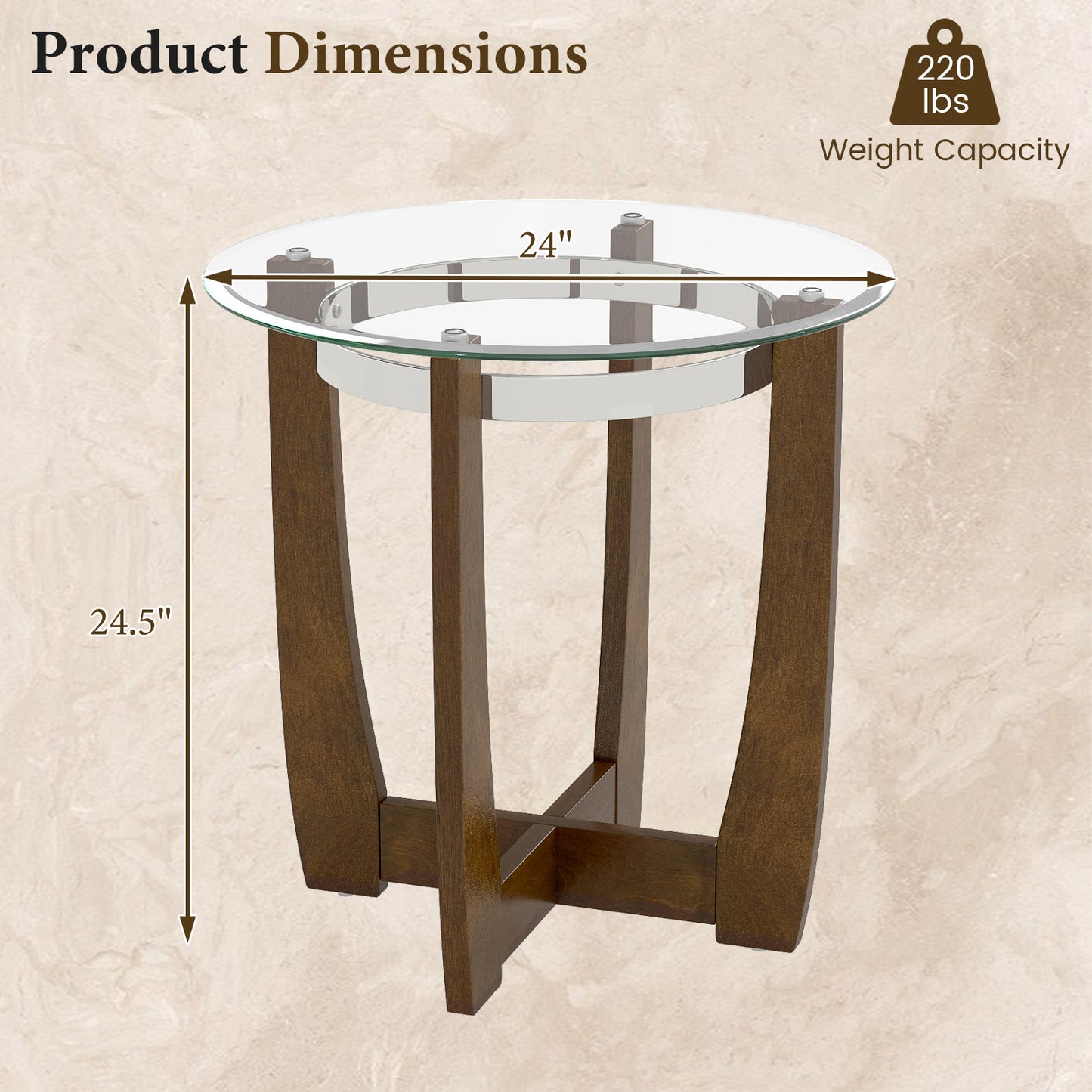 24 Inches Round Side Table with Tempered Glass Top and Solid Rubber Wood Base, Walnut End & Side Tables at Gallery Canada