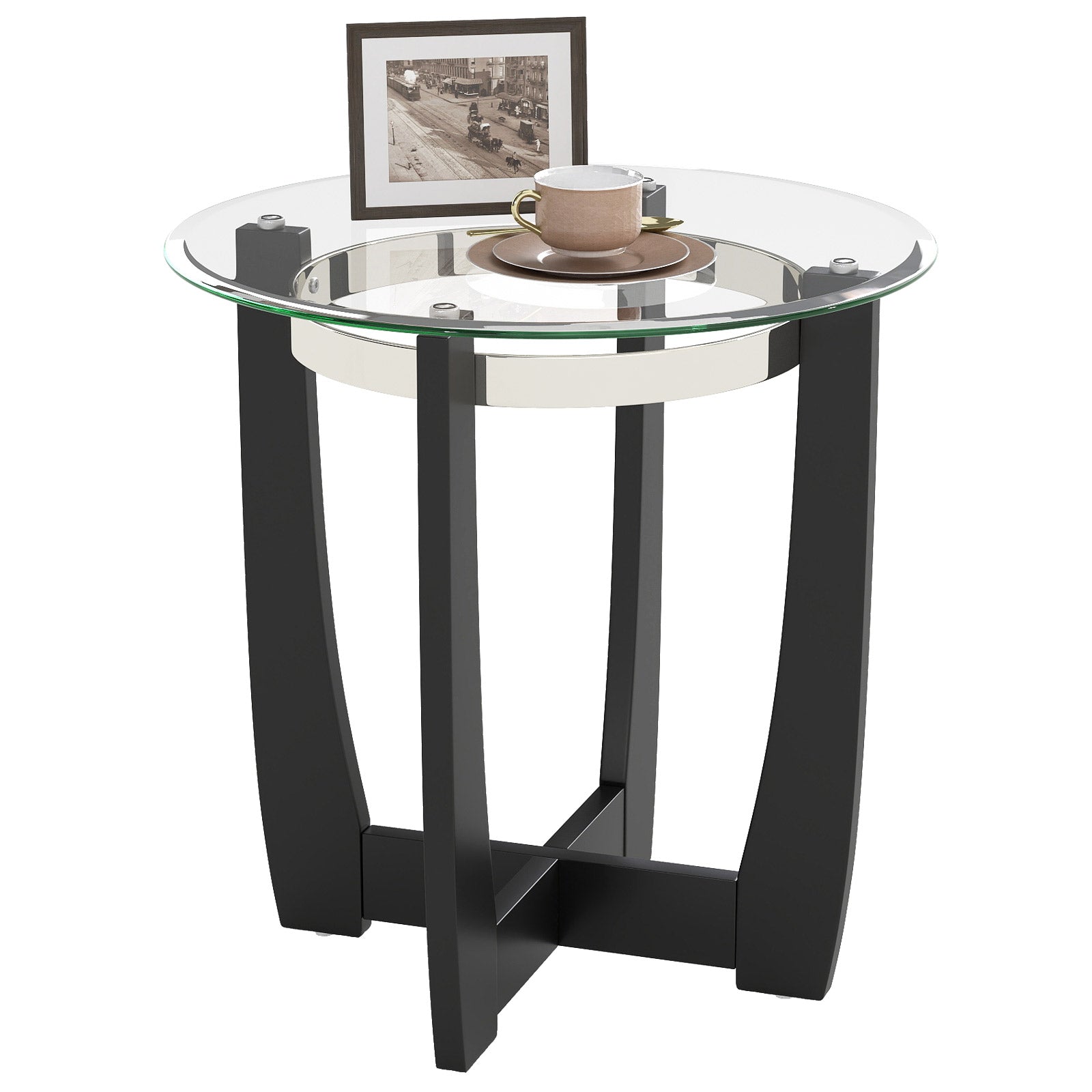 24 Inches Round Side Table with Tempered Glass Top and Solid Rubber Wood Base, Black End & Side Tables at Gallery Canada