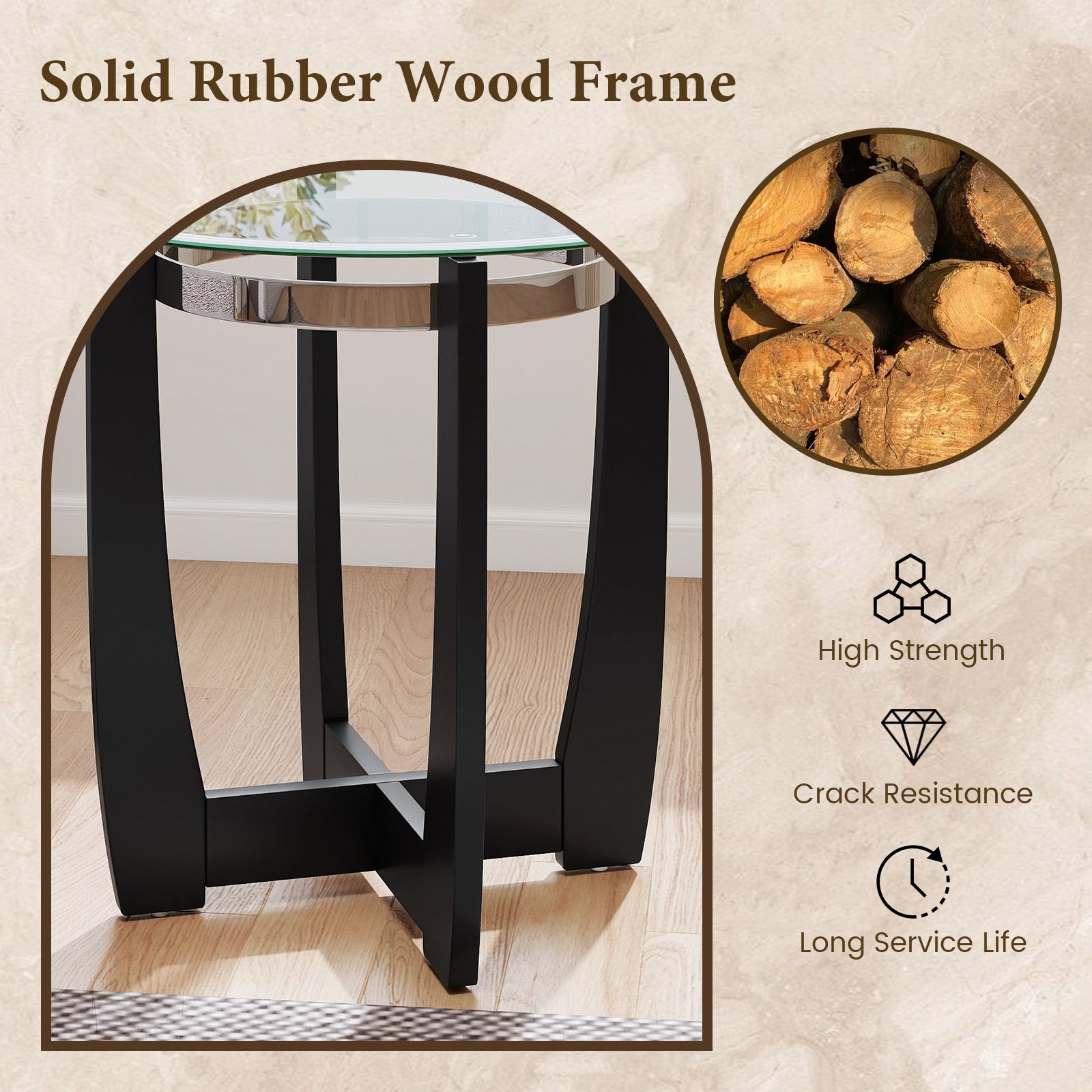 24 Inches Round Side Table with Tempered Glass Top and Solid Rubber Wood Base, Black End & Side Tables at Gallery Canada