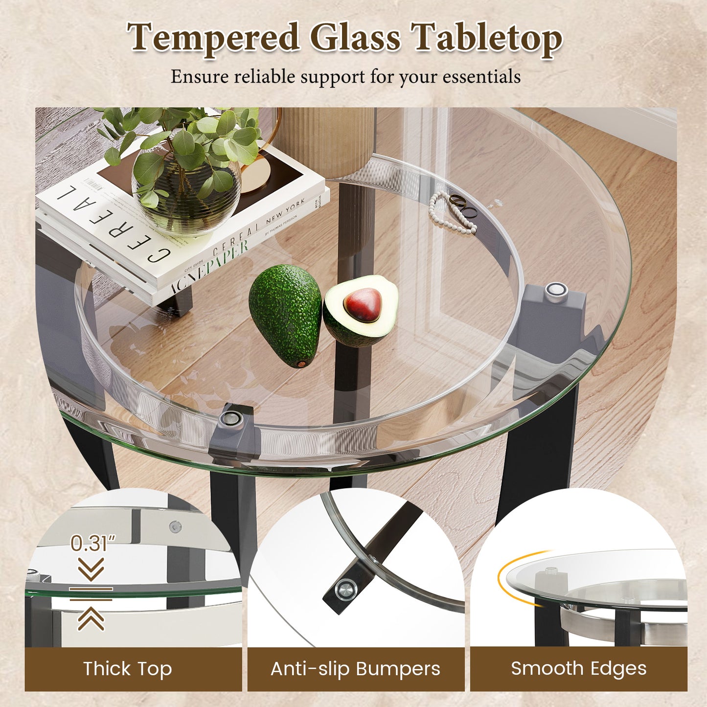 24 Inches Round Side Table with Tempered Glass Top and Solid Rubber Wood Base, Black End & Side Tables at Gallery Canada