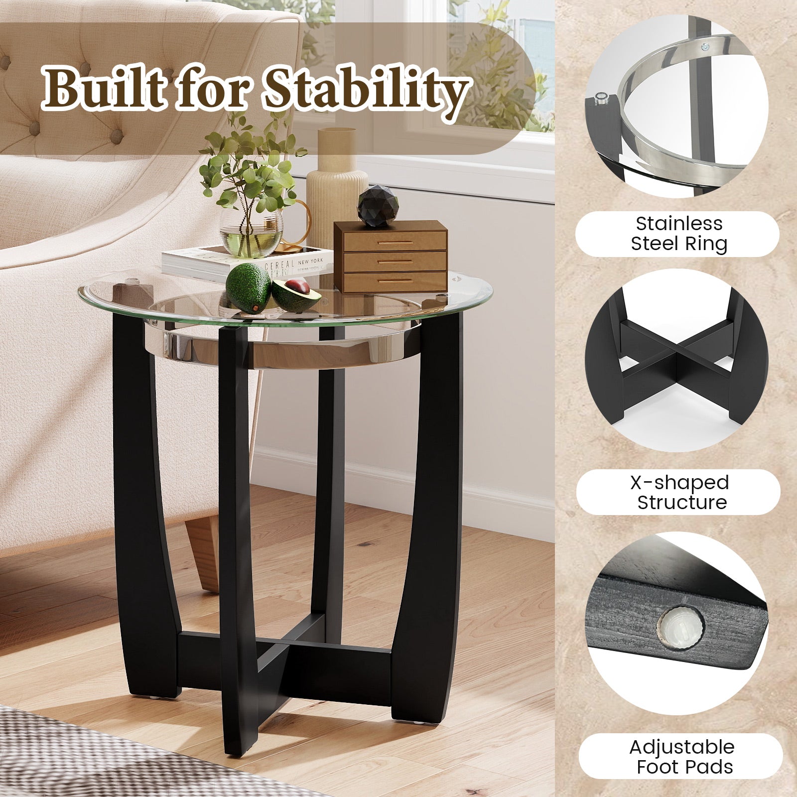 24 Inches Round Side Table with Tempered Glass Top and Solid Rubber Wood Base, Black End & Side Tables at Gallery Canada