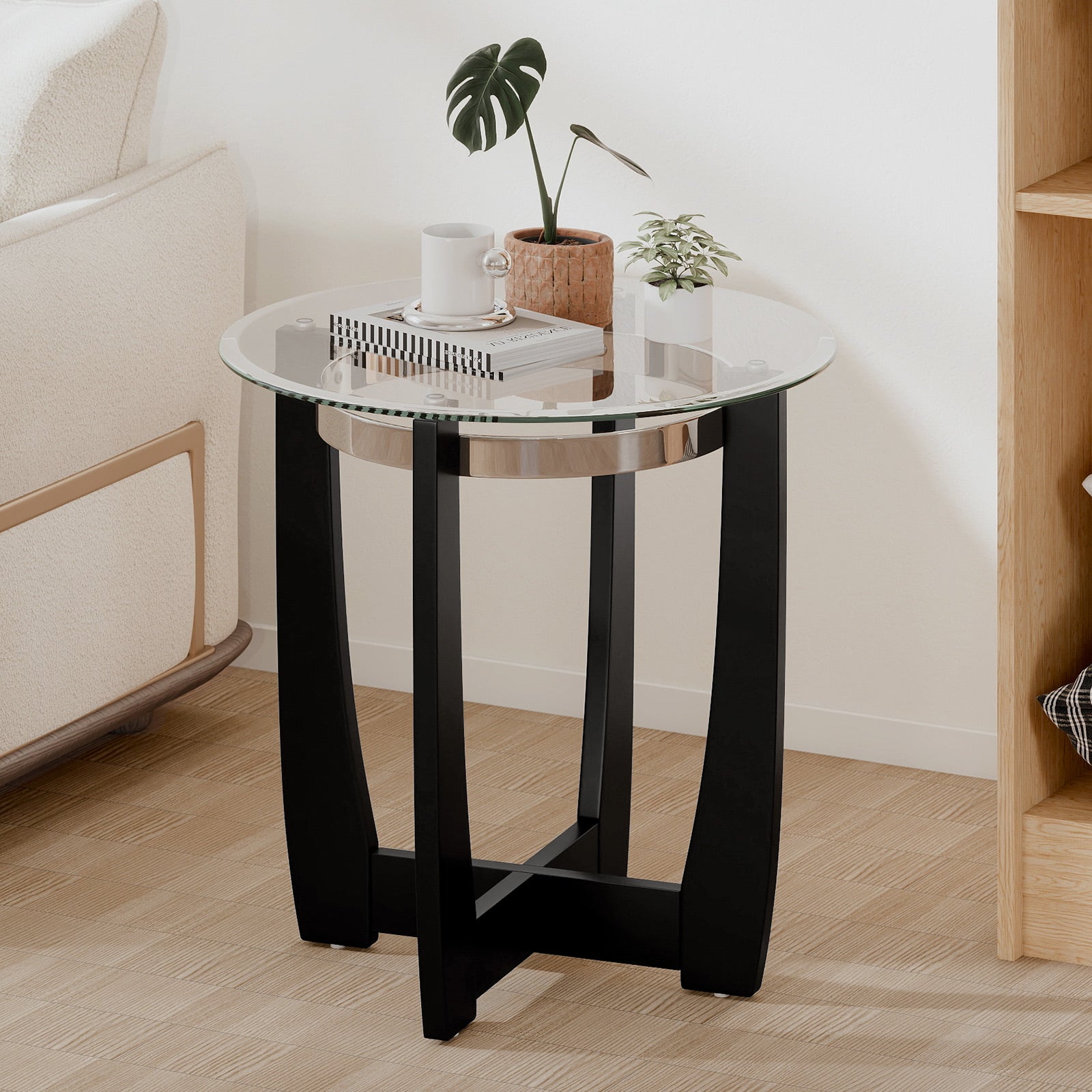 24 Inches Round Side Table with Tempered Glass Top and Solid Rubber Wood Base, Black End & Side Tables at Gallery Canada