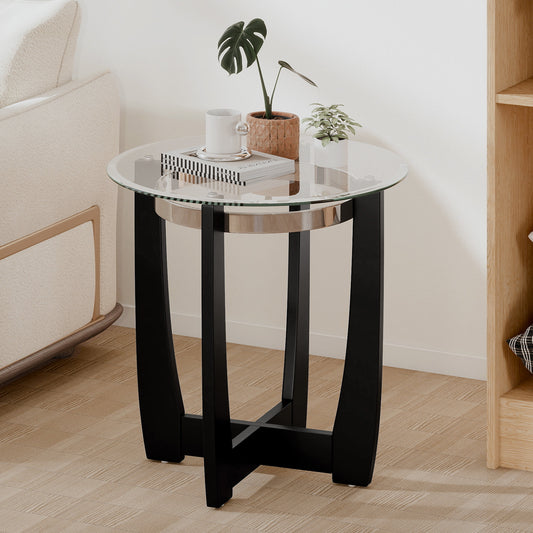 24 Inches Round Side Table with Tempered Glass Top and Solid Rubber Wood Base, Black End & Side Tables Black at Gallery Canada