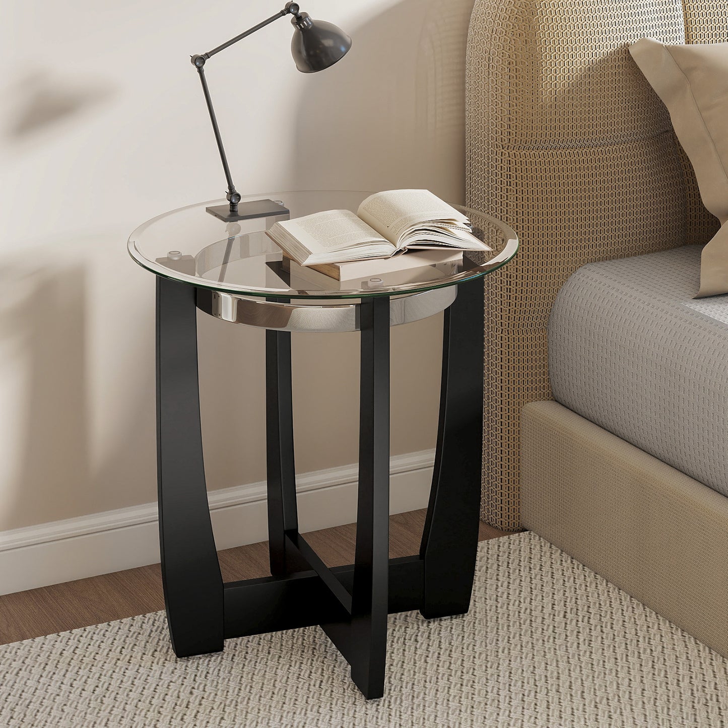 24 Inches Round Side Table with Tempered Glass Top and Solid Rubber Wood Base, Black End & Side Tables at Gallery Canada