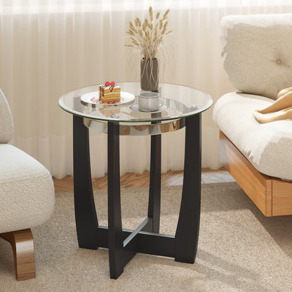 24 Inches Round Side Table with Tempered Glass Top and Solid Rubber Wood Base, Black End & Side Tables at Gallery Canada