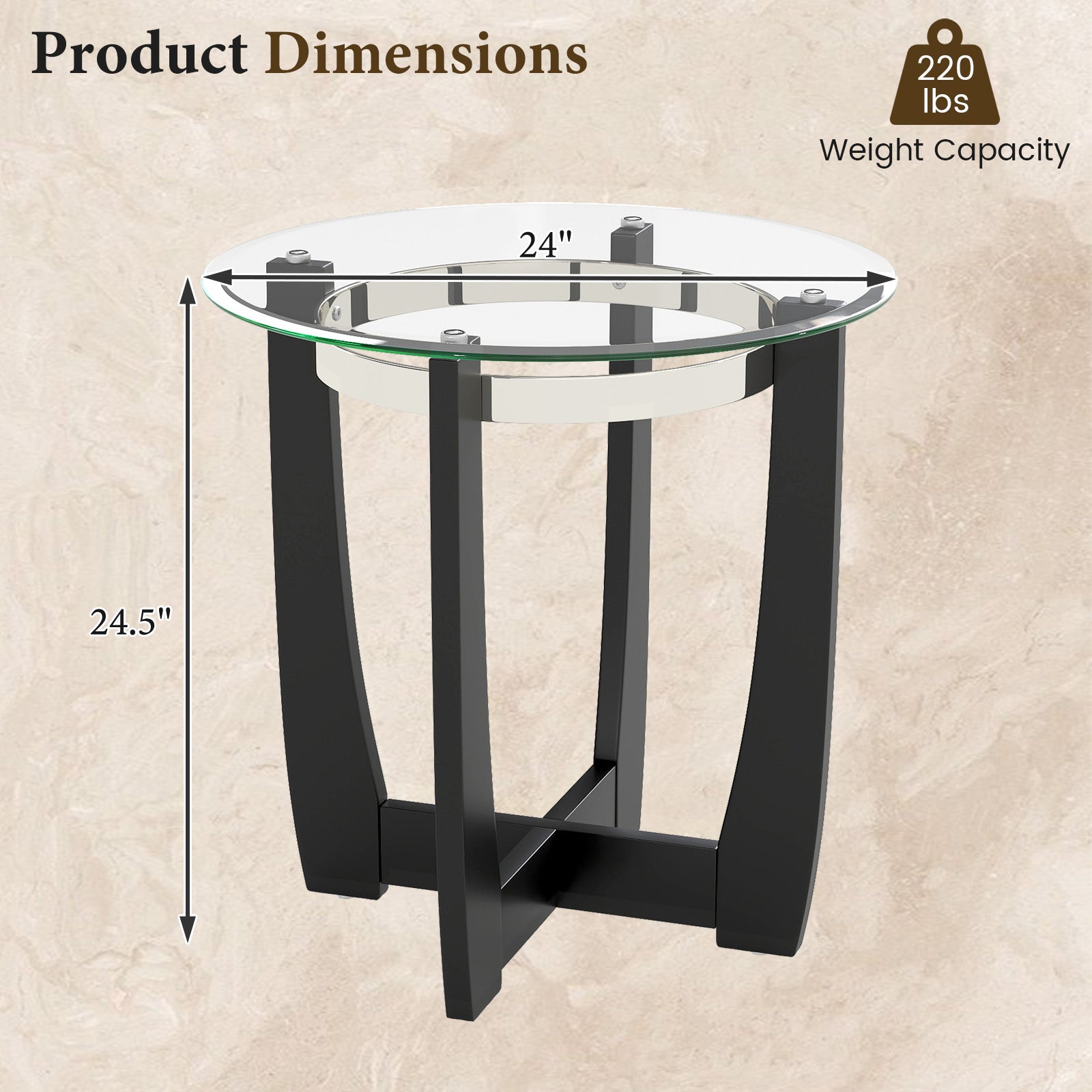 24 Inches Round Side Table with Tempered Glass Top and Solid Rubber Wood Base, Black End & Side Tables at Gallery Canada