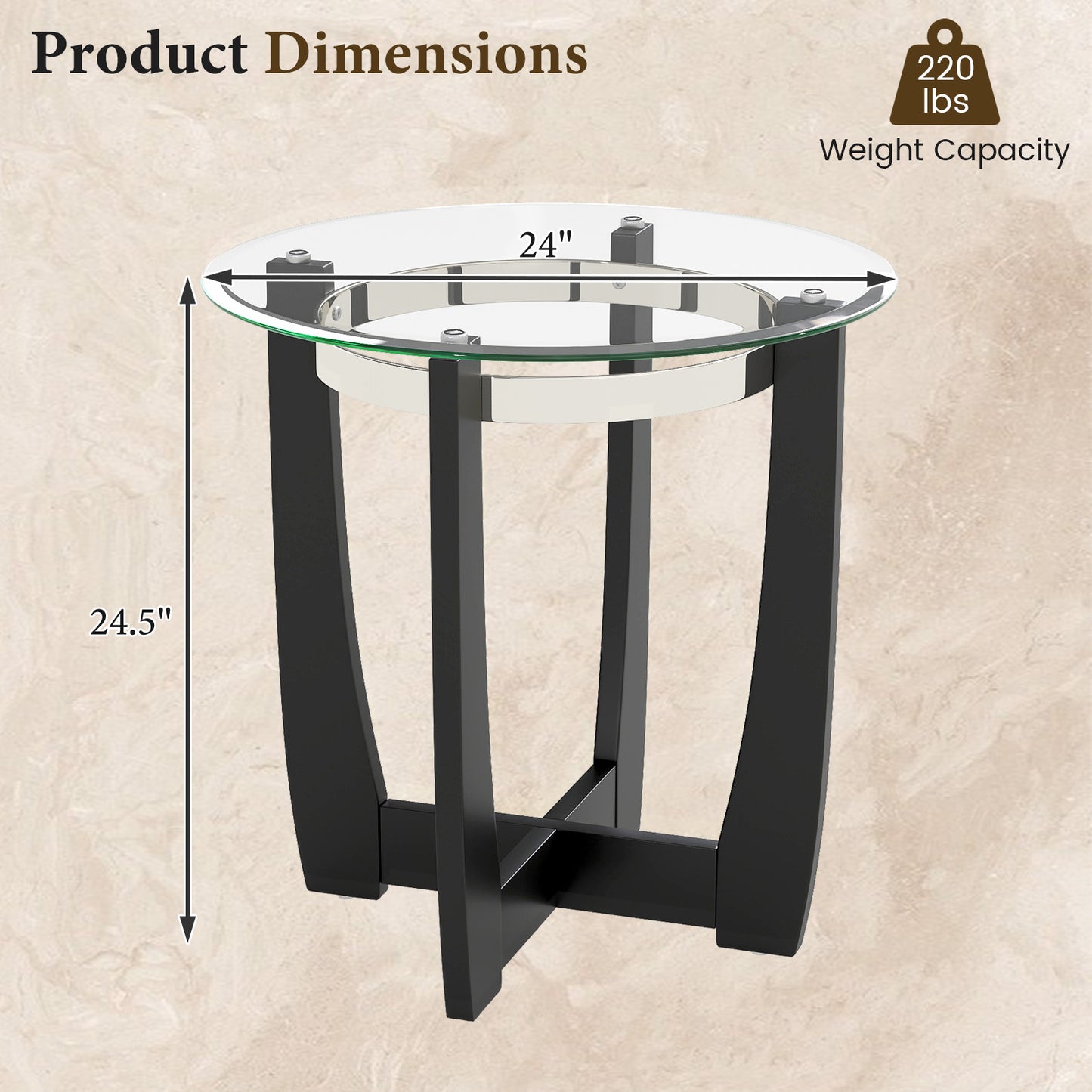 24 Inches Round Side Table with Tempered Glass Top and Solid Rubber Wood Base, Black End & Side Tables at Gallery Canada