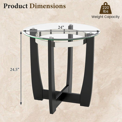 24 Inches Round Side Table with Tempered Glass Top and Solid Rubber Wood Base, Black End & Side Tables at Gallery Canada