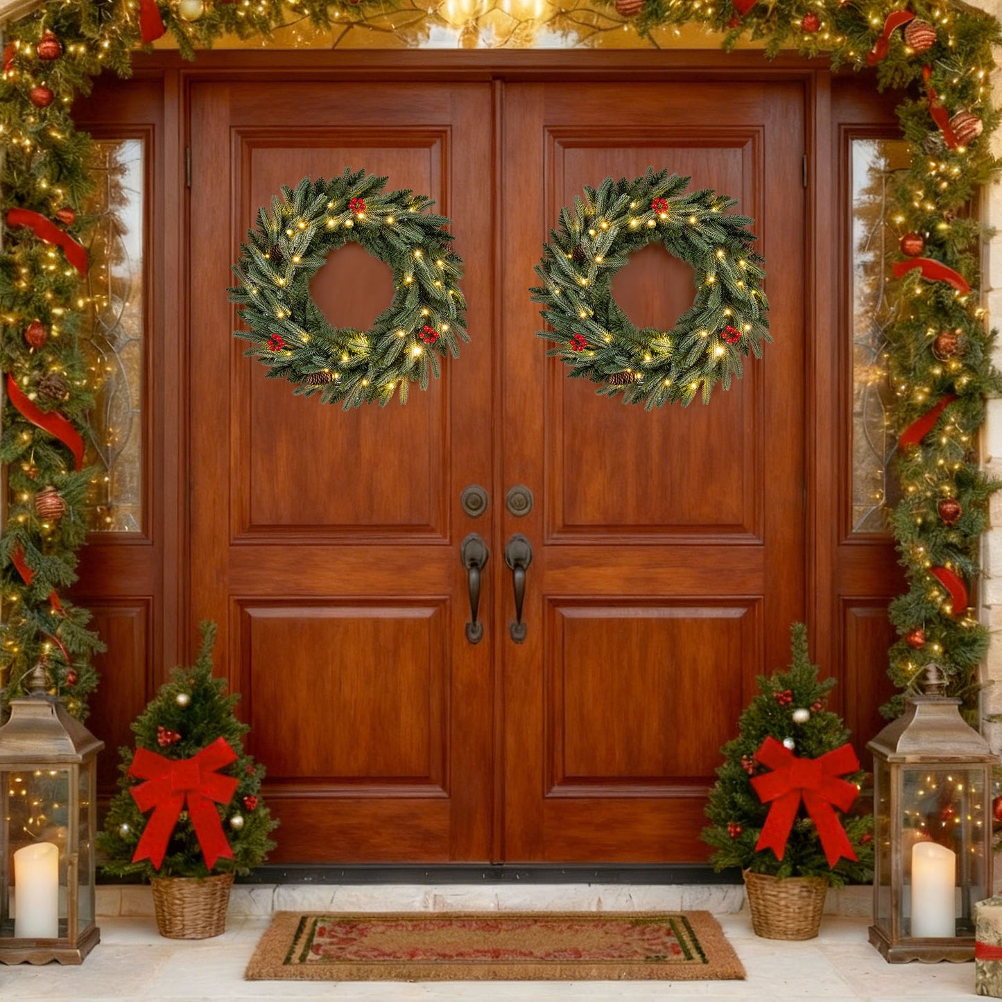24” Pre-lit Christmas Wreath Set of 2 Front Door Artificial Xmas Wreath with 90 Frosted Branch Tips Christmas Decor & Accessories at Gallery Canada