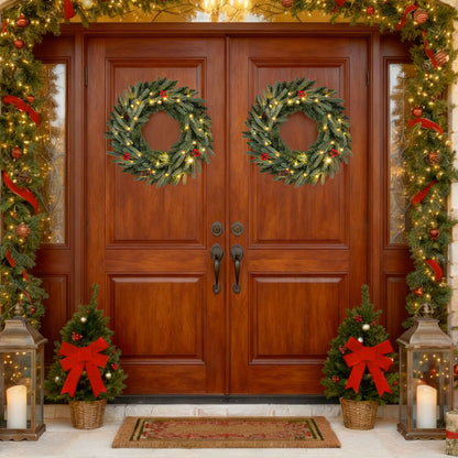 24” Pre-lit Christmas Wreath Set of 2 Front Door Artificial Xmas Wreath with 90 Frosted Branch Tips Christmas Decor & Accessories at Gallery Canada