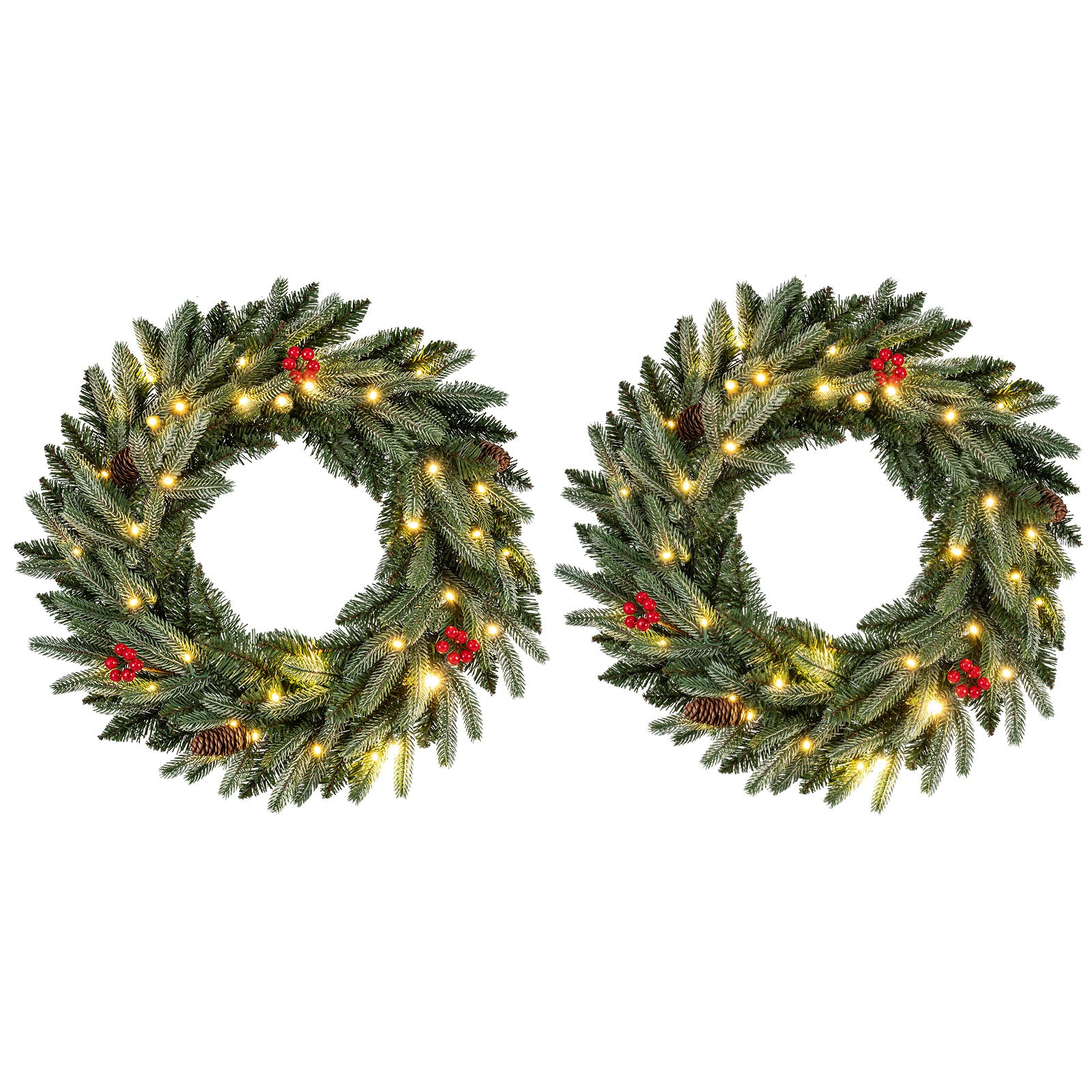 24” Pre-lit Christmas Wreath Set of 2 Front Door Artificial Xmas Wreath with 90 Frosted Branch Tips Christmas Decor & Accessories Options at Gallery Canada