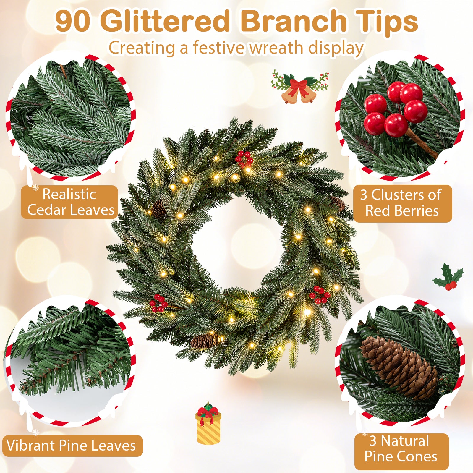 24” Pre-lit Christmas Wreath Set of 2 Front Door Artificial Xmas Wreath with 90 Frosted Branch Tips Christmas Decor & Accessories at Gallery Canada
