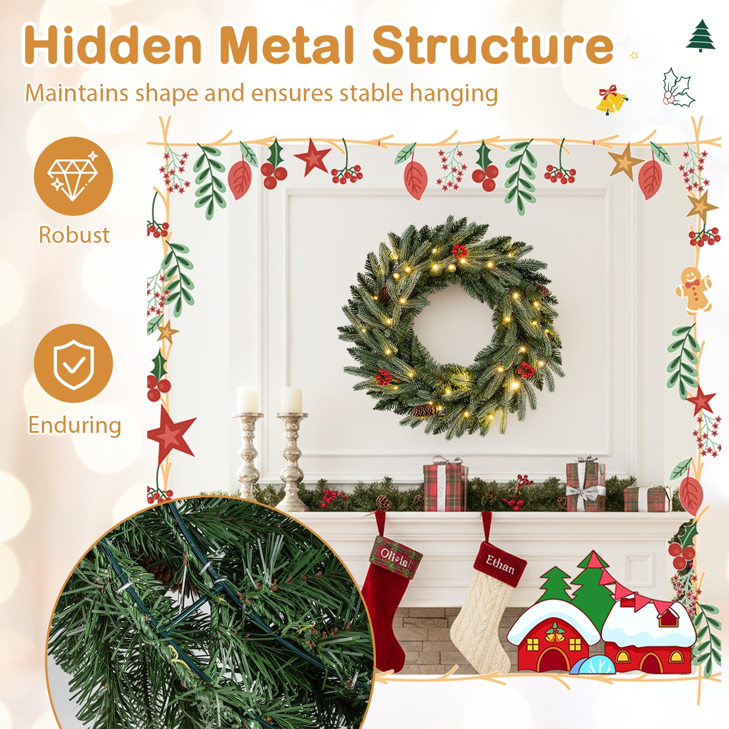 24” Pre-lit Christmas Wreath Set of 2 Front Door Artificial Xmas Wreath with 90 Frosted Branch Tips Christmas Decor & Accessories at Gallery Canada
