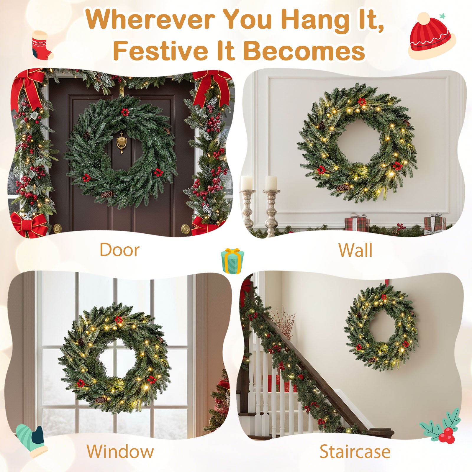 24” Pre-lit Christmas Wreath Set of 2 Front Door Artificial Xmas Wreath with 90 Frosted Branch Tips Christmas Decor & Accessories at Gallery Canada