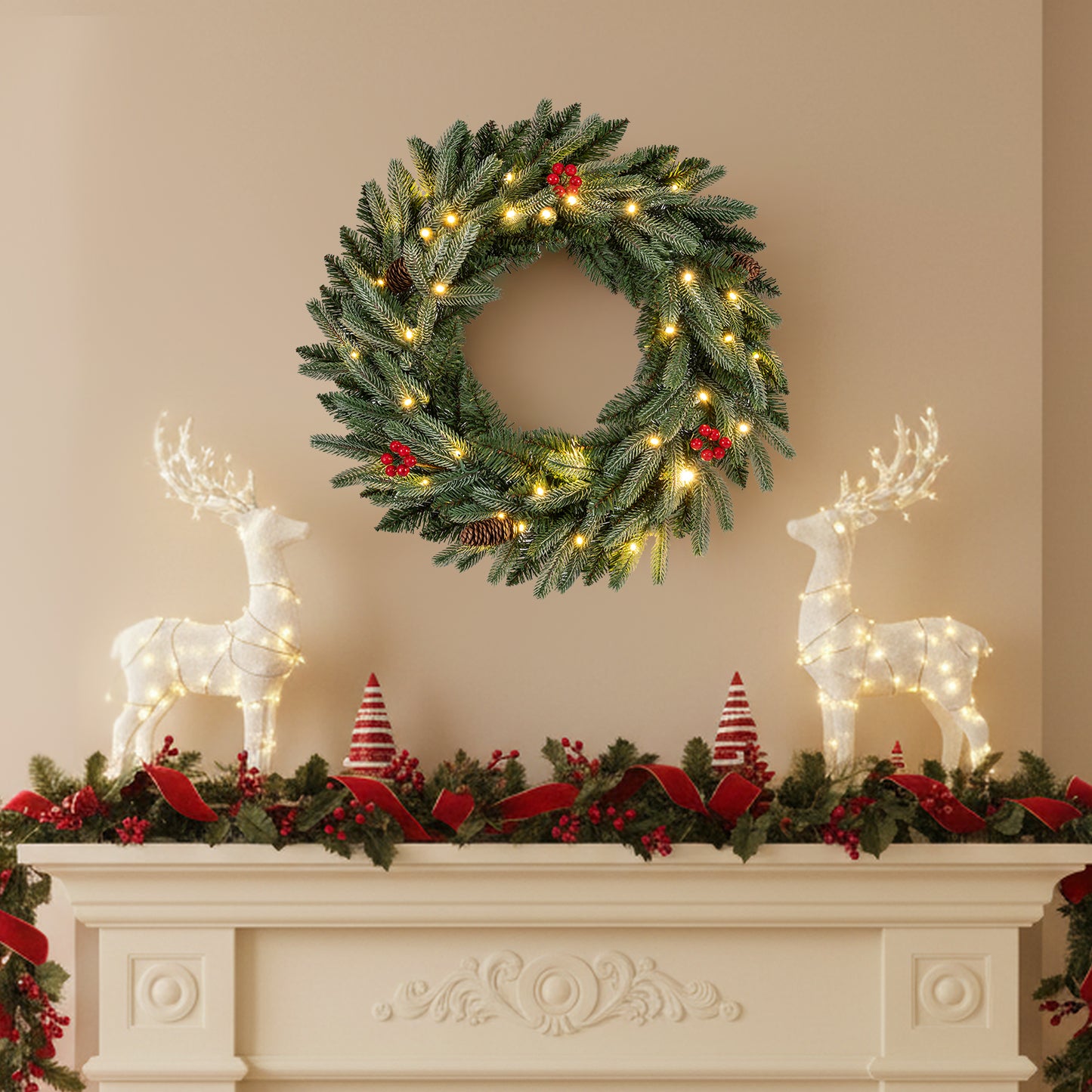 24” Pre-lit Christmas Wreath Front Door Artificial Xmas Wreath with 90 Frosted Branch Tips Christmas Decor & Accessories at Gallery Canada