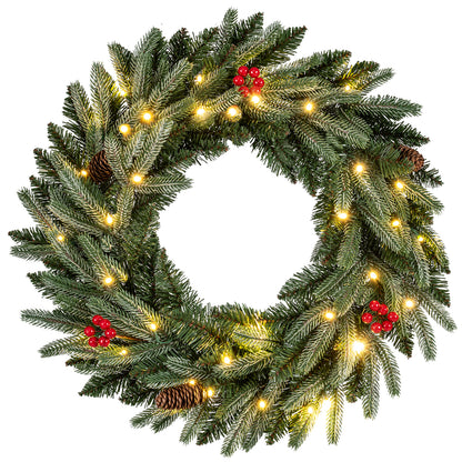 24” Pre-lit Christmas Wreath Front Door Artificial Xmas Wreath with 90 Frosted Branch Tips Christmas Decor & Accessories Options at Gallery Canada
