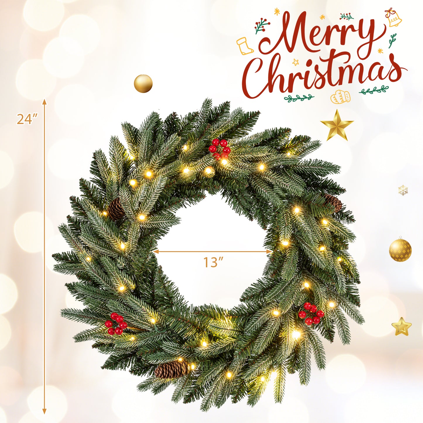 24” Pre-lit Christmas Wreath Front Door Artificial Xmas Wreath with 90 Frosted Branch Tips Christmas Decor & Accessories at Gallery Canada