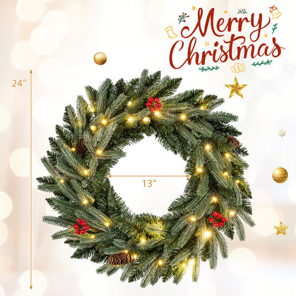 24” Pre-lit Christmas Wreath Front Door Artificial Xmas Wreath with 90 Frosted Branch Tips Christmas Decor & Accessories at Gallery Canada