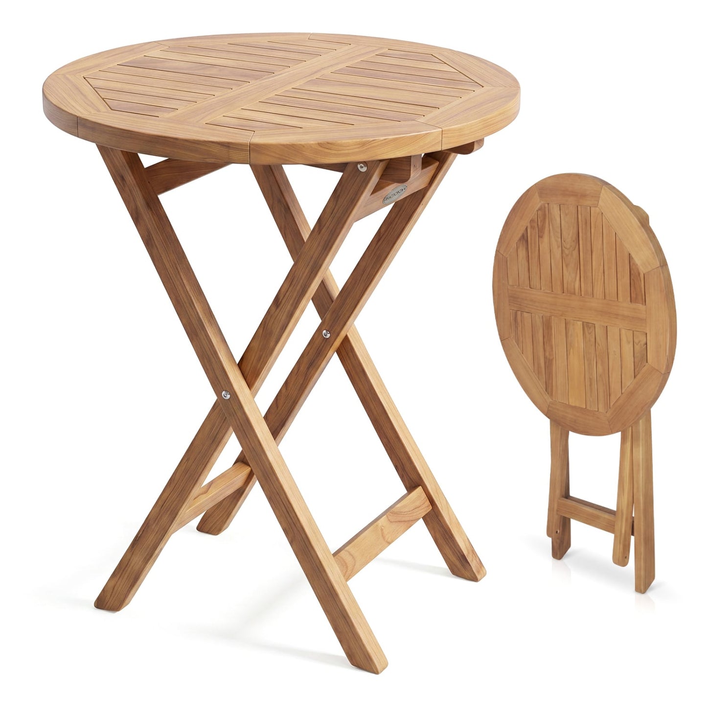 24" Round Solid Teak Outdoor Folding Bistro Table with Footrest Patio Dining Tables Natural at Gallery Canada