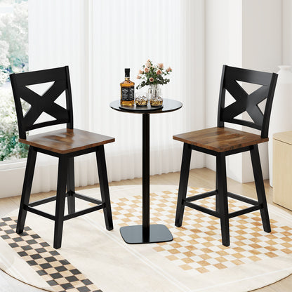 24" Rubberwood Swivel Barstools Set of 2 with Backrest and Large Seat, Black
