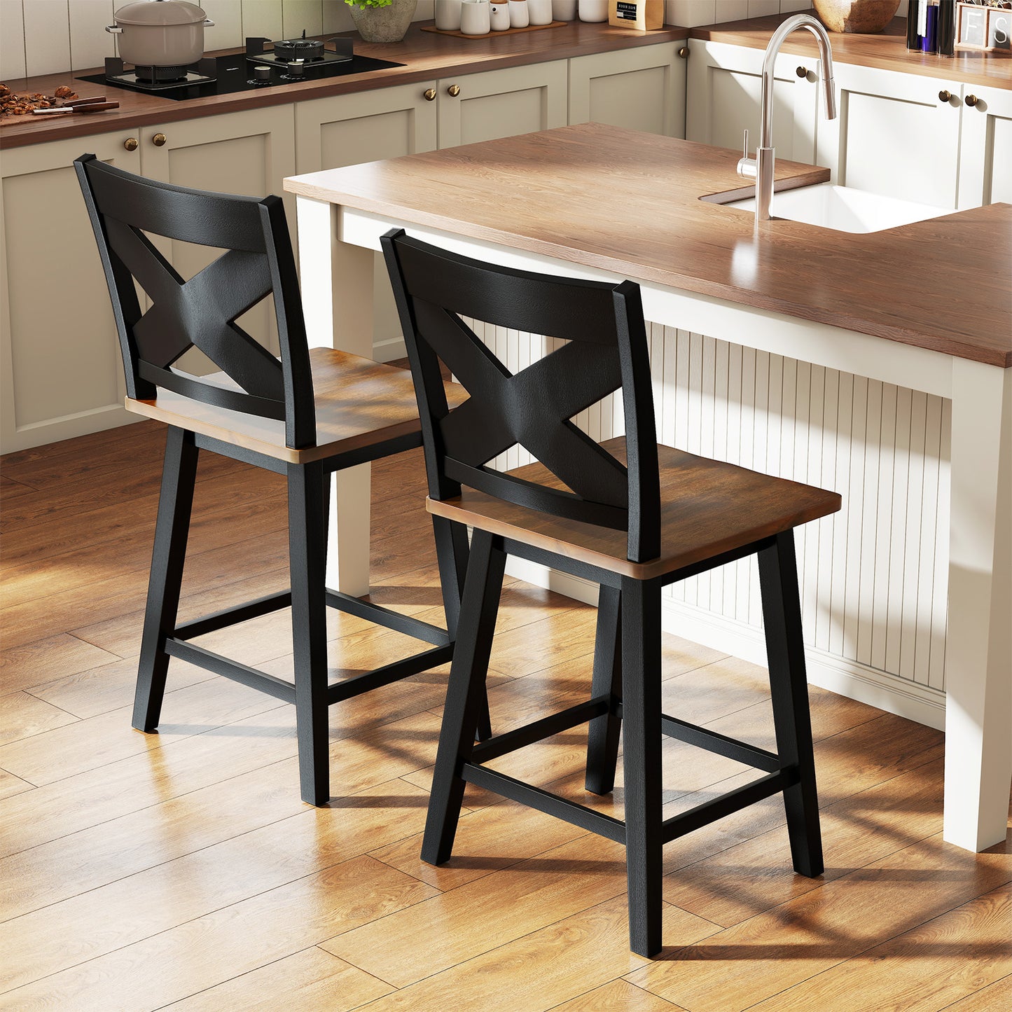 24" Rubberwood Swivel Barstools Set of 2 with Backrest and Large Seat, Black