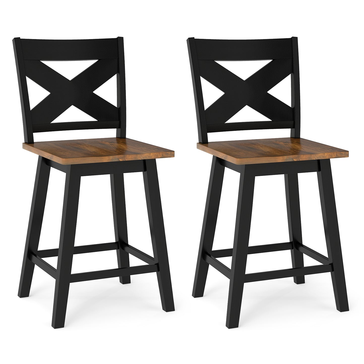 24" Rubberwood Swivel Barstools Set of 2 with Backrest and Large Seat, Black