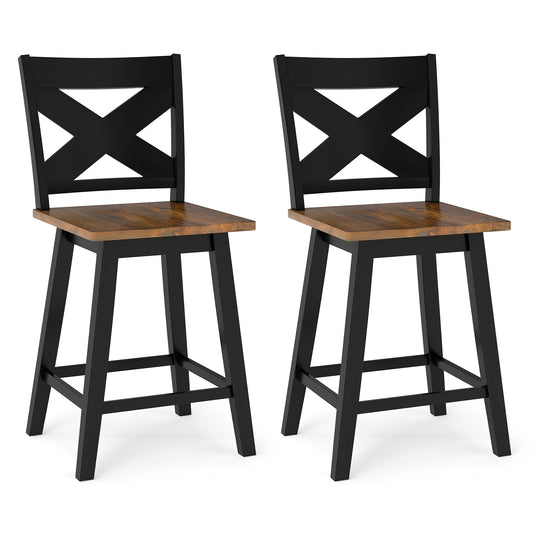 24" Rubberwood Swivel Barstools Set of 2 with Backrest and Large Seat, Black