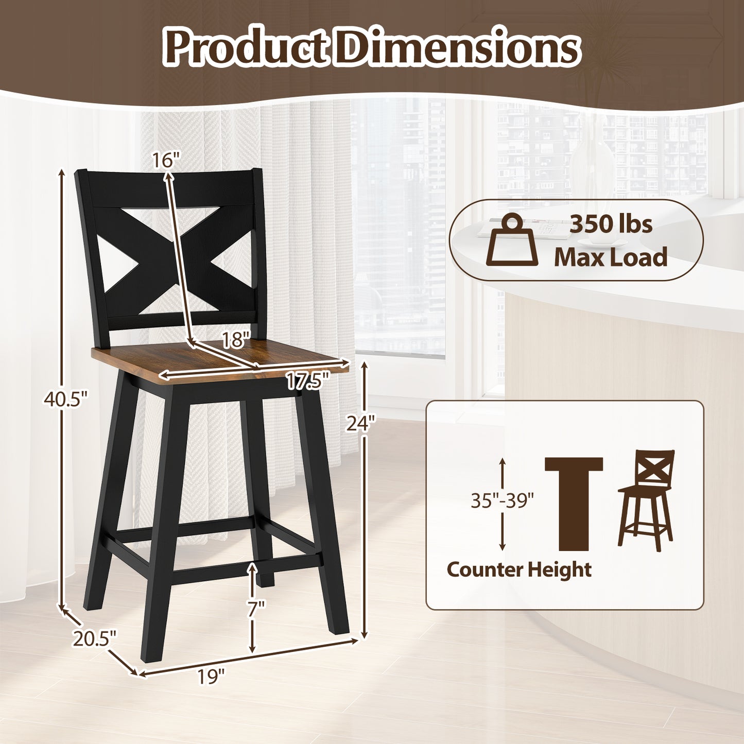 24" Rubberwood Swivel Barstools Set of 2 with Backrest and Large Seat, Black