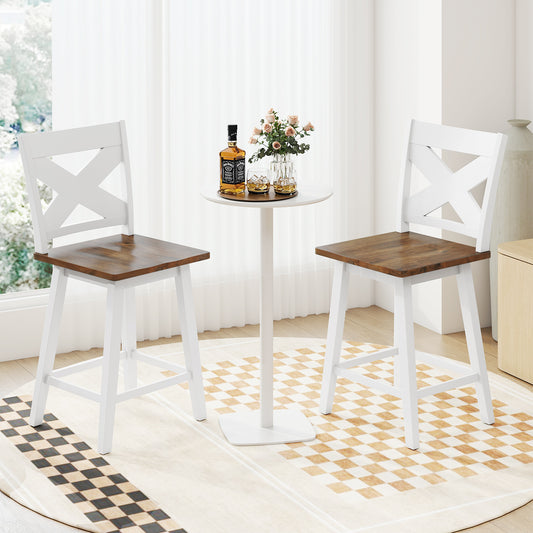 24" Rubberwood Swivel Barstools Set of 2 with Backrest and Large Seat, White