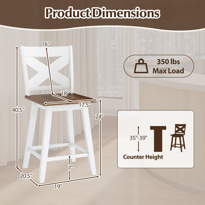 24" Rubberwood Swivel Barstools Set of 2 with Backrest and Large Seat, White