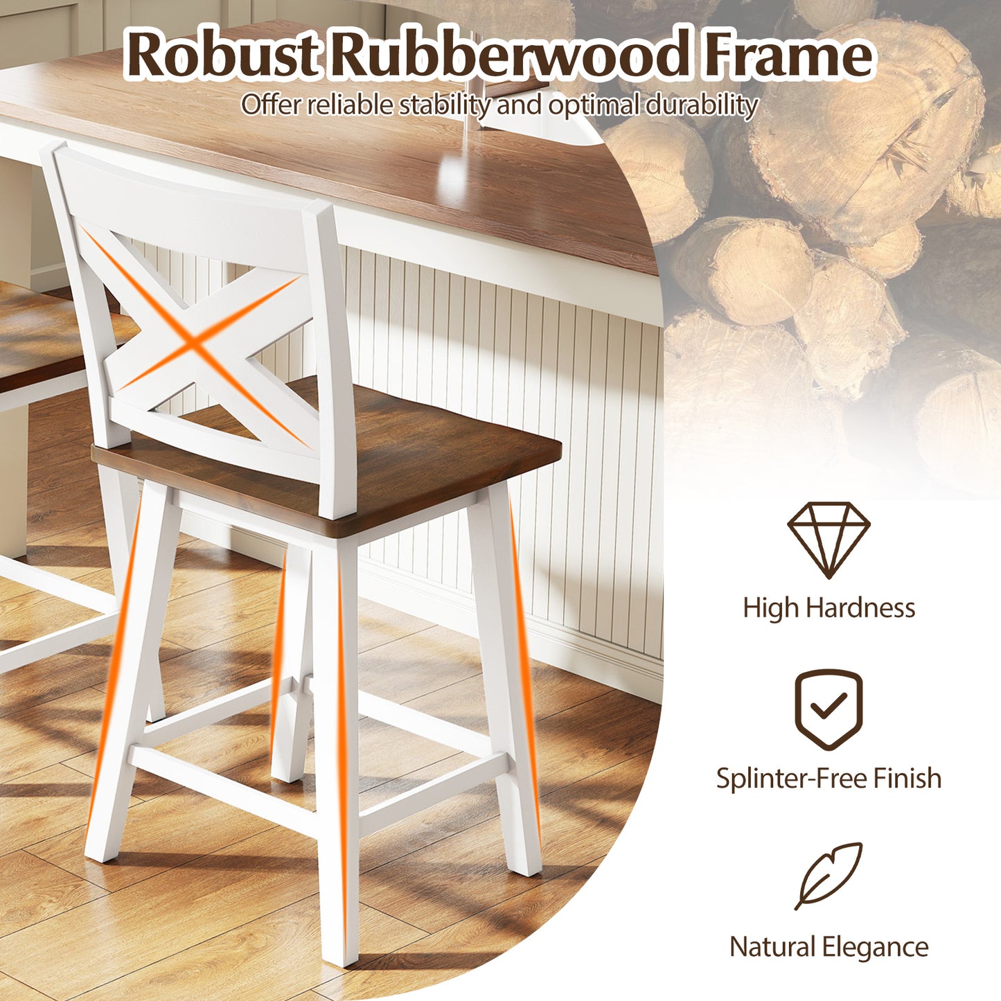 24" Rubberwood Swivel Barstools Set of 2 with Backrest and Large Seat, White