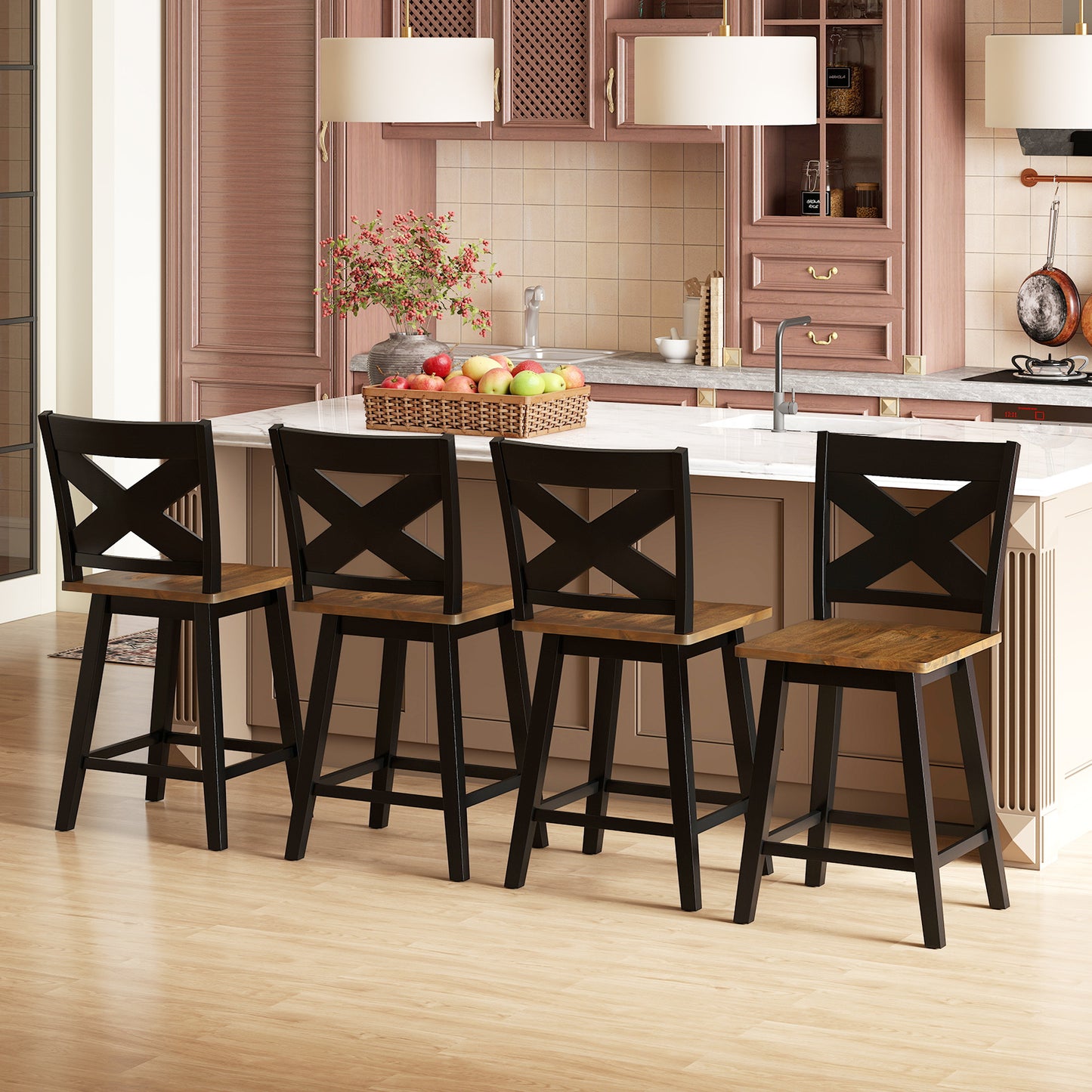 24" Rubberwood Swivel Barstools Set of 4 with Backrest and Large Seat, Black