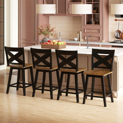 24" Rubberwood Swivel Barstools Set of 4 with Backrest and Large Seat, Black