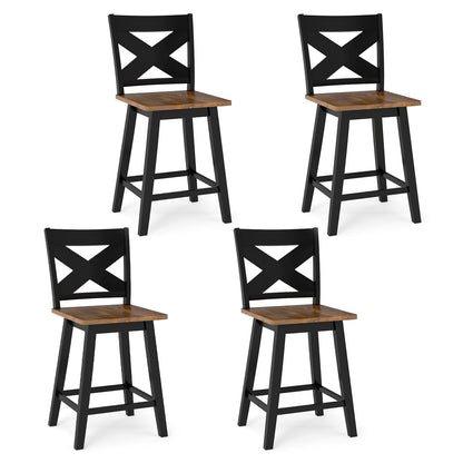 24" Rubberwood Swivel Barstools Set of 4 with Backrest and Large Seat, Black