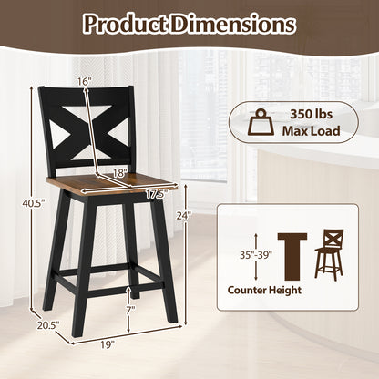 24" Rubberwood Swivel Barstools Set of 4 with Backrest and Large Seat, Black