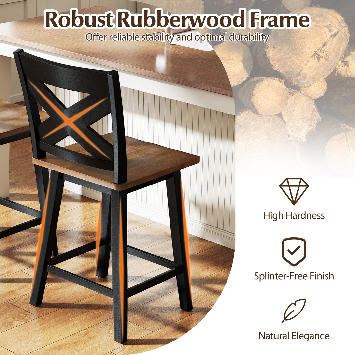 24" Rubberwood Swivel Barstools Set of 4 with Backrest and Large Seat, Black