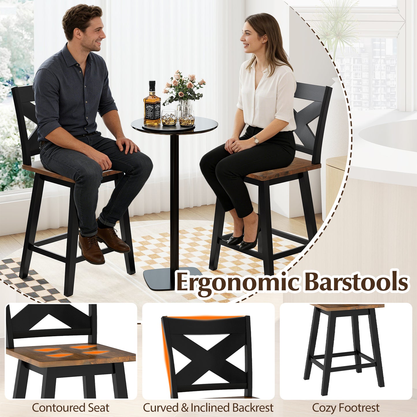 24" Rubberwood Swivel Barstools Set of 4 with Backrest and Large Seat, Black